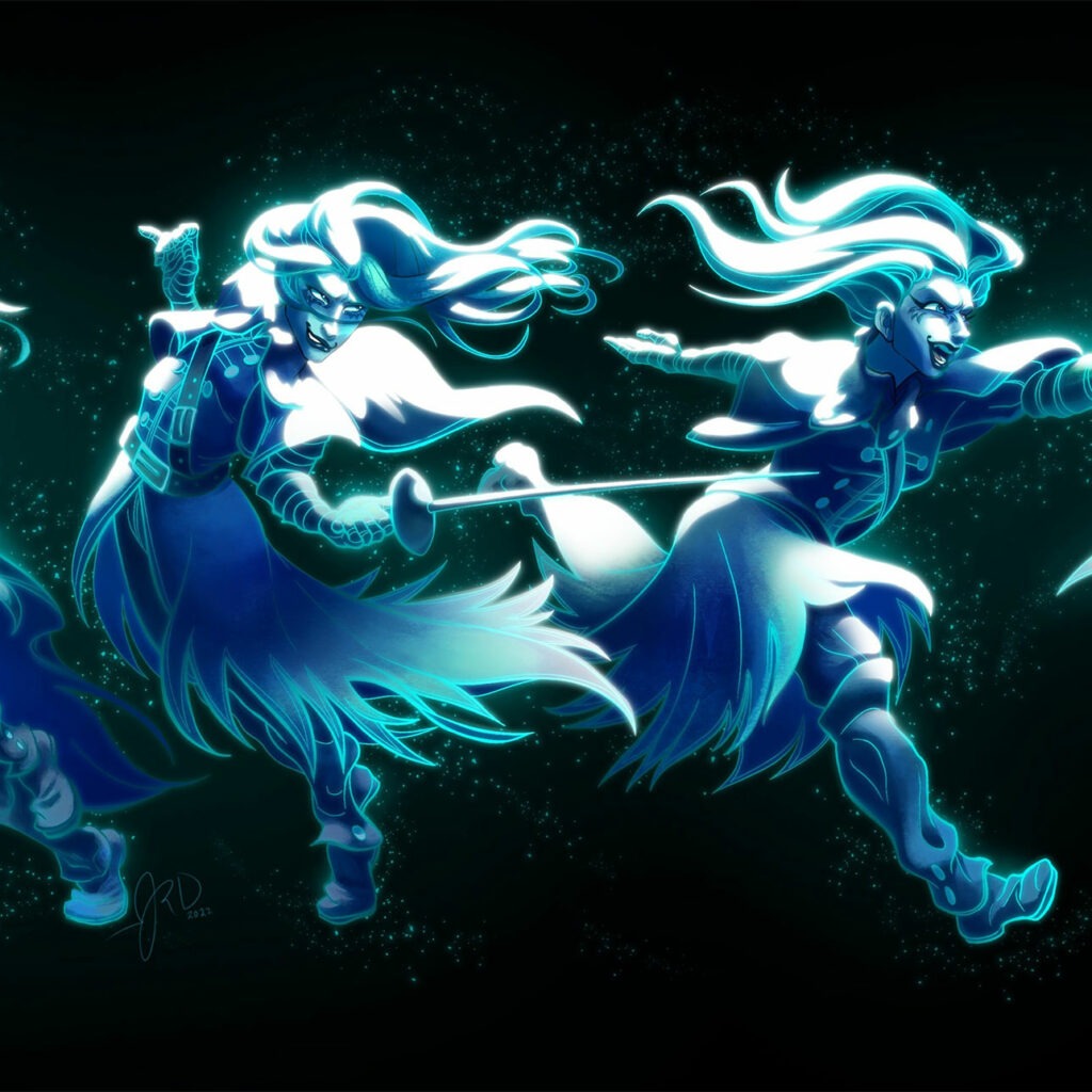 Several different poses of a glowing blue animation character.