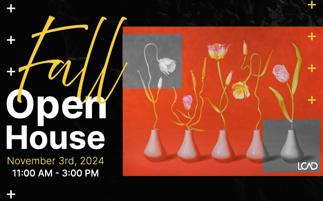 An illustration of black, white, and orange flowers and the words “Fall Open House”.