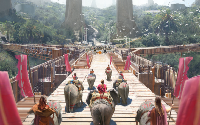 A digital painting of a procession of people riding elephants.