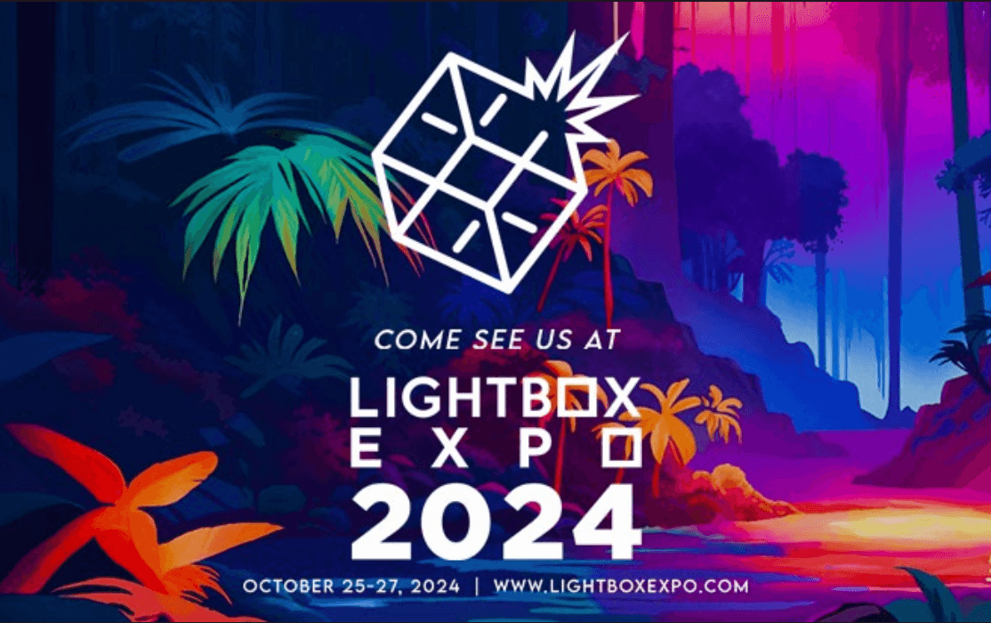 A graphic with pink, purple, and blue palm trees and shapes.