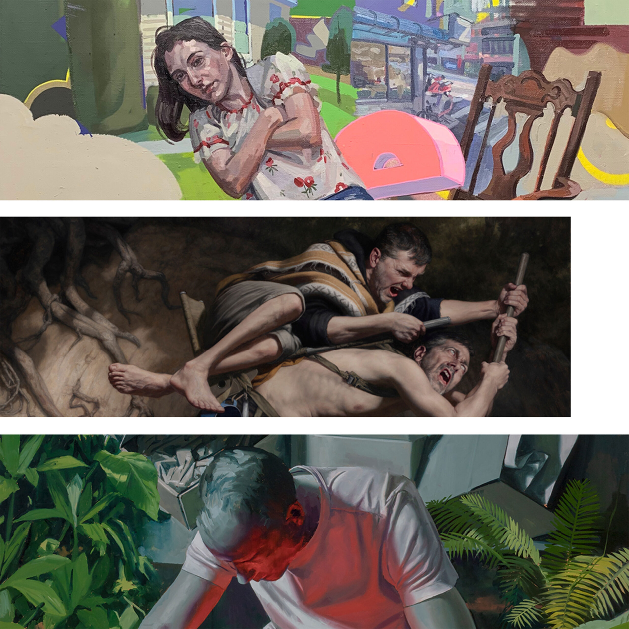 A collage of three paintings by the three featured artists.