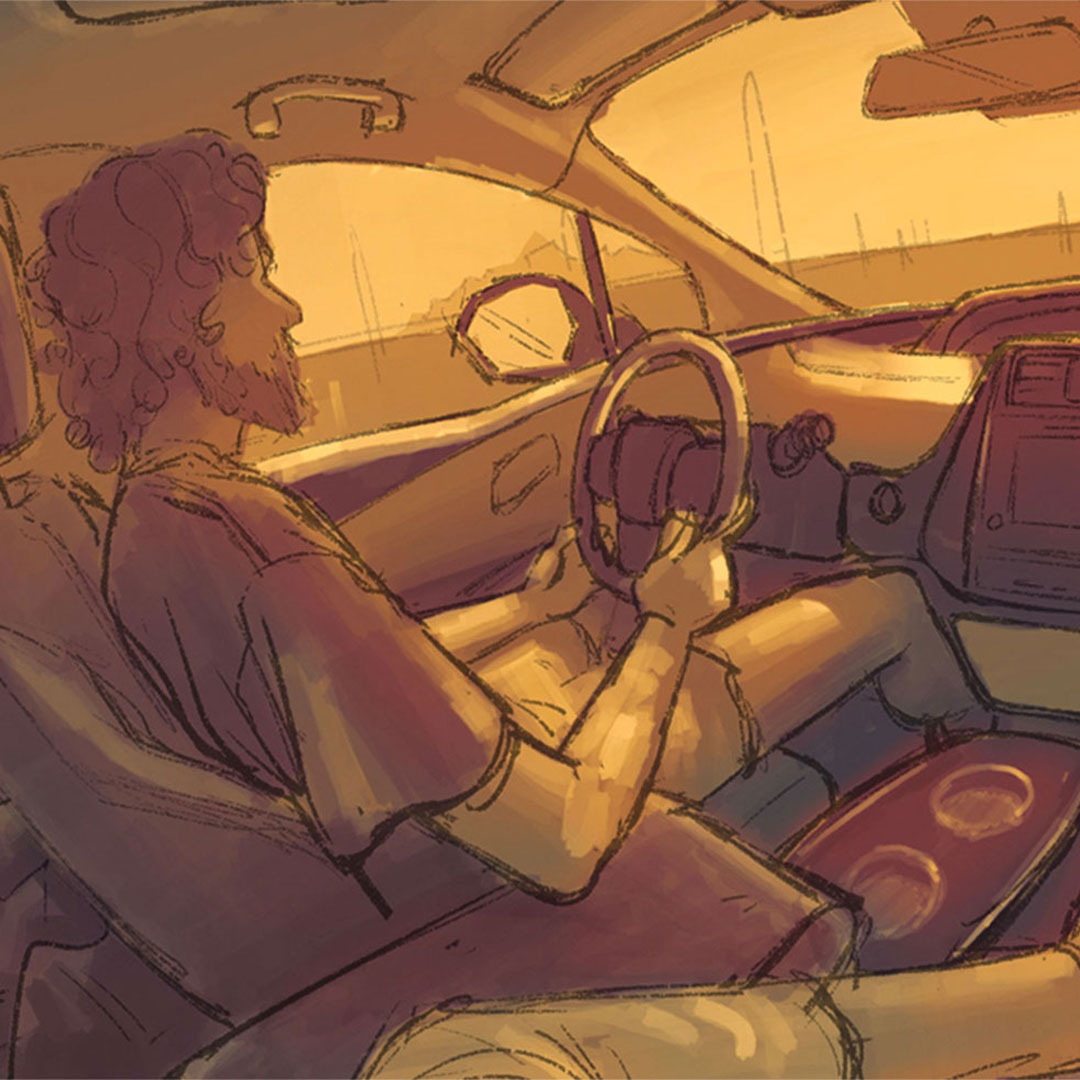 A sepia tone digital sketch of the inside of a car with a man driving.