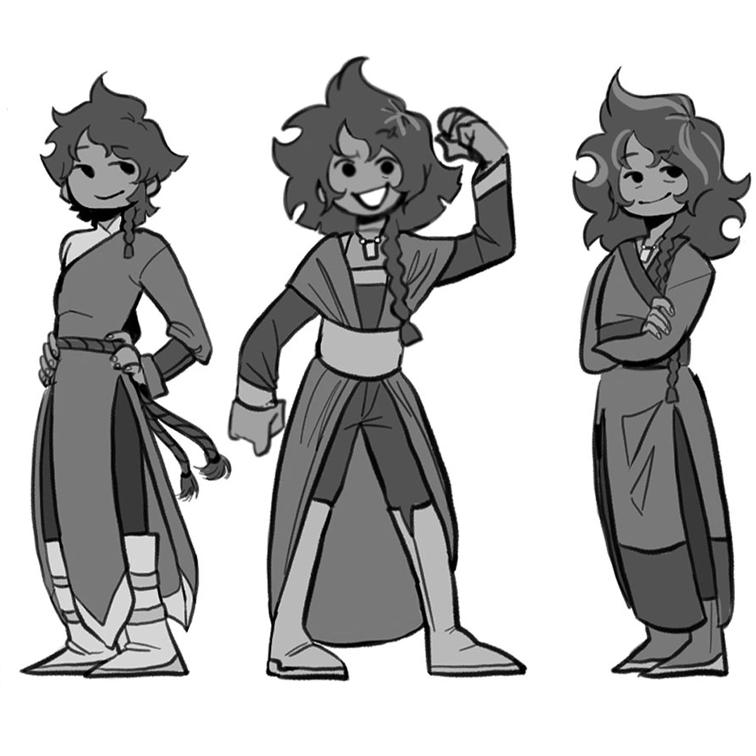 Six sketches of a character at varying ages.