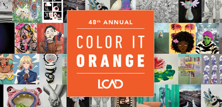 A graphic with a collage of artwork and an orange square that says "Color it Orange."