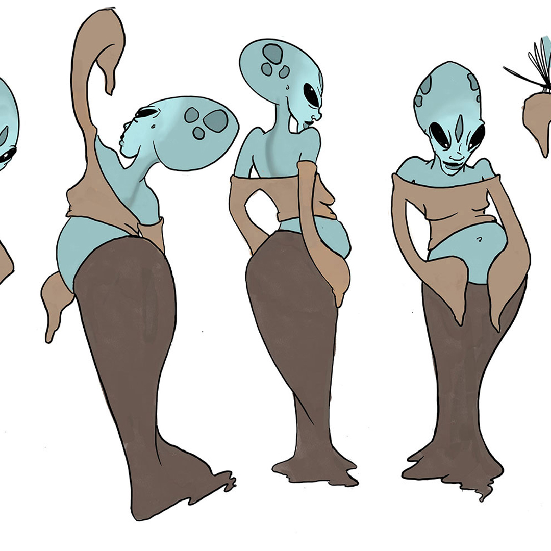 Character sketches of a pregnant-looking alien.