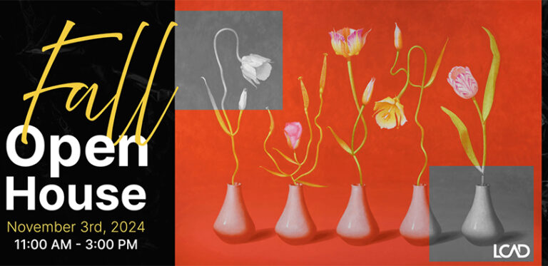 A graphic wwith a painting of orange flowers in vases.