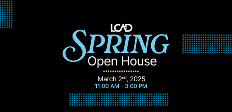 A black and blue graphic that says "Spring Open House."