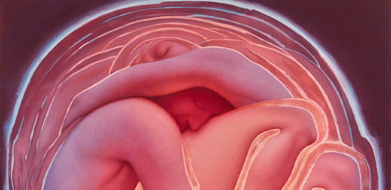 A painting of a person in pinks and reds.