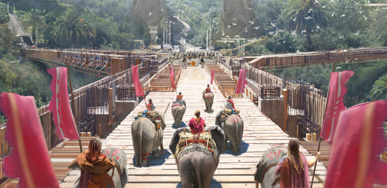 A digital image of elephants crossing a bridge.