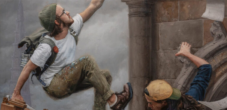 A paiting of students climbing a cathedral.