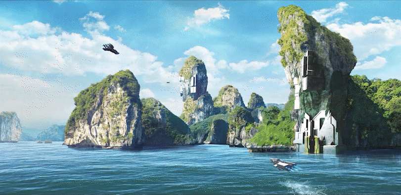 A gif of an ocean and island environment.