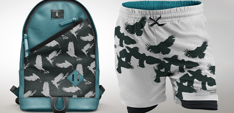 A photo of a backpack and swim trunks with bird illustrations on them.
