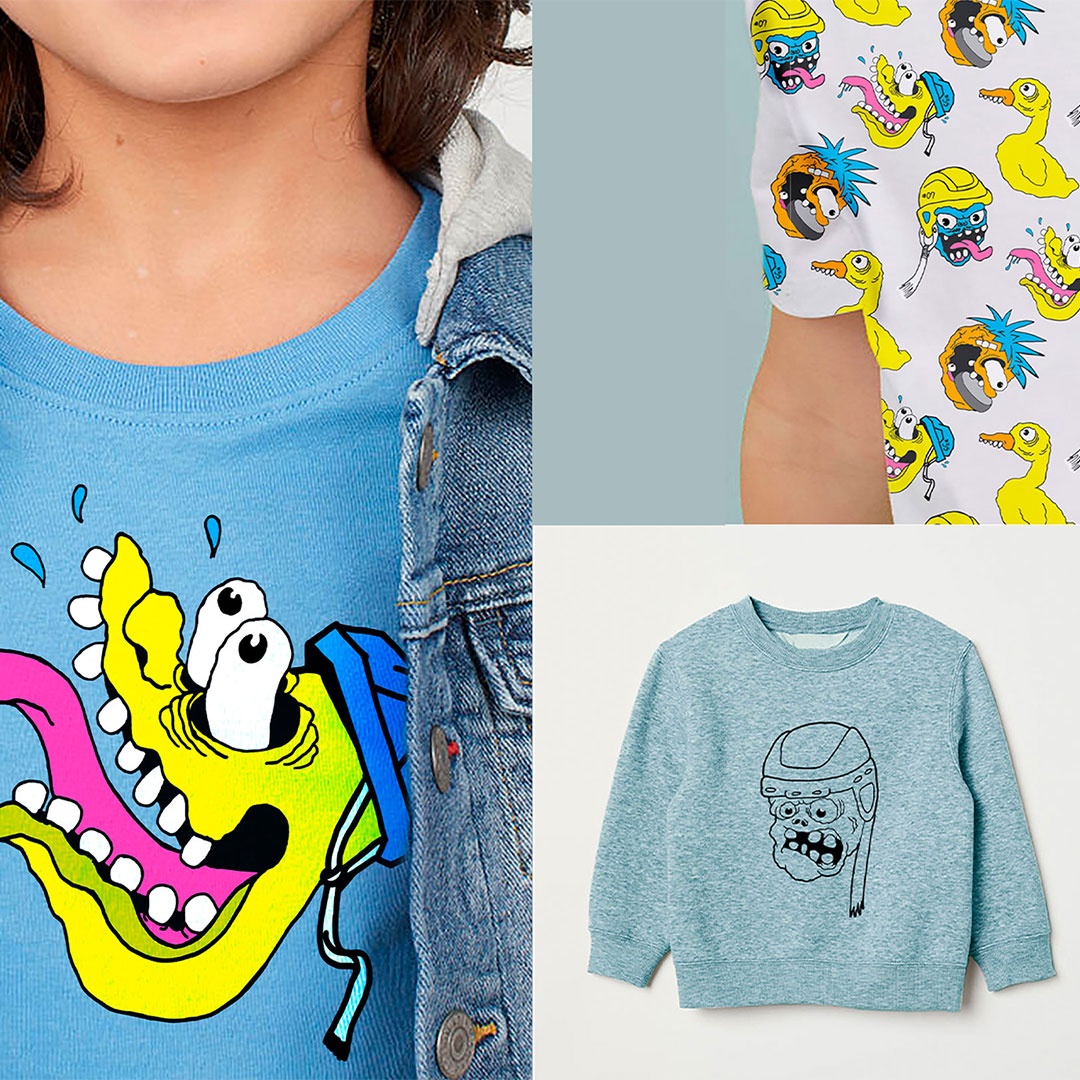 Four photos of a t shirt design with a melting duck character.