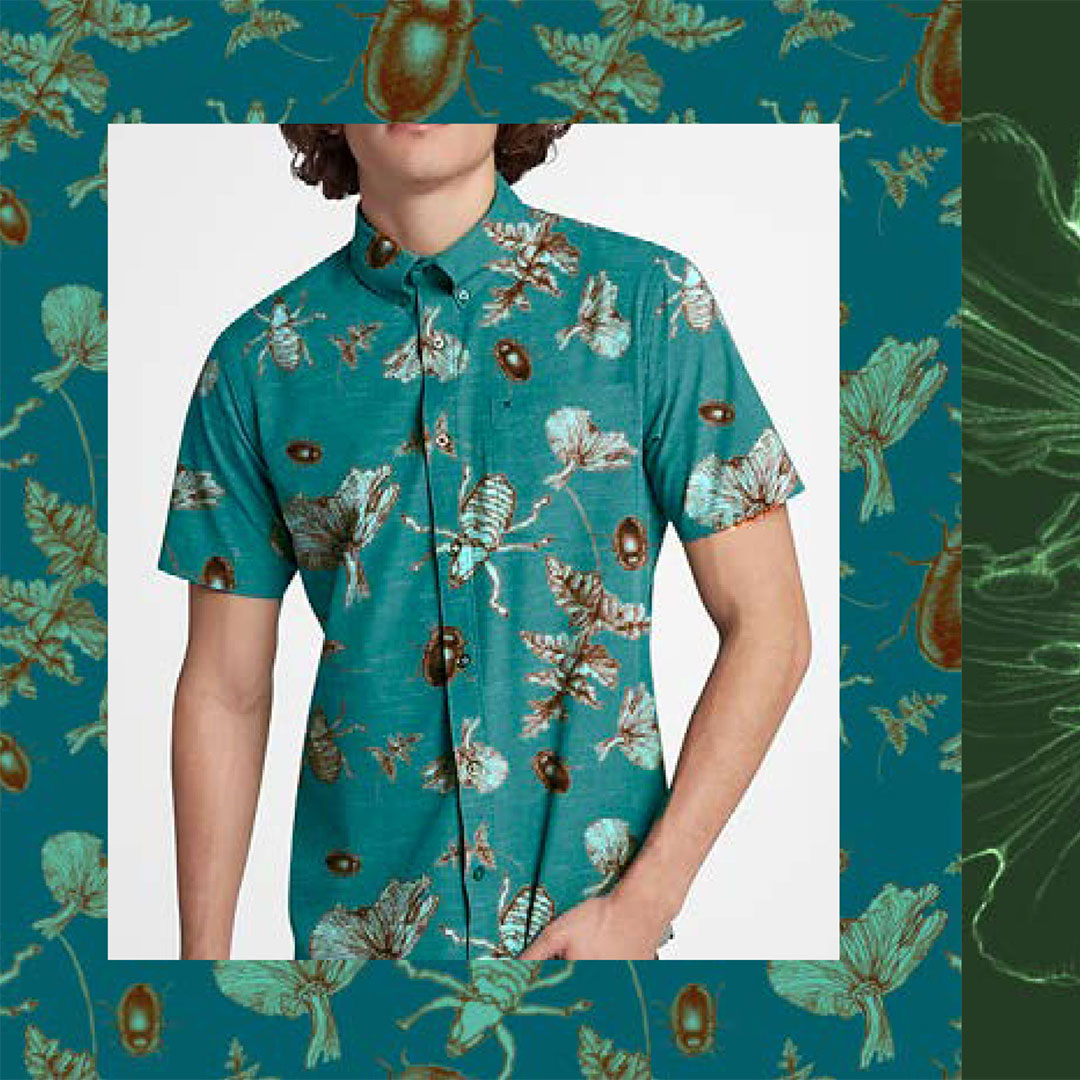 Two photos of a person wearing a green button up shirt with a beetle design.