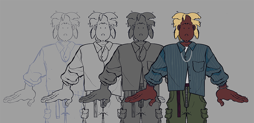 A character sheet depicting different stages of drawing a character.