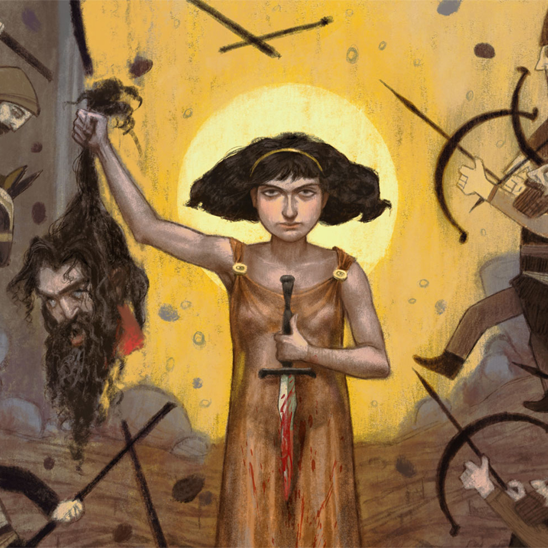 A drawing of a woman holding up a mans severed head.