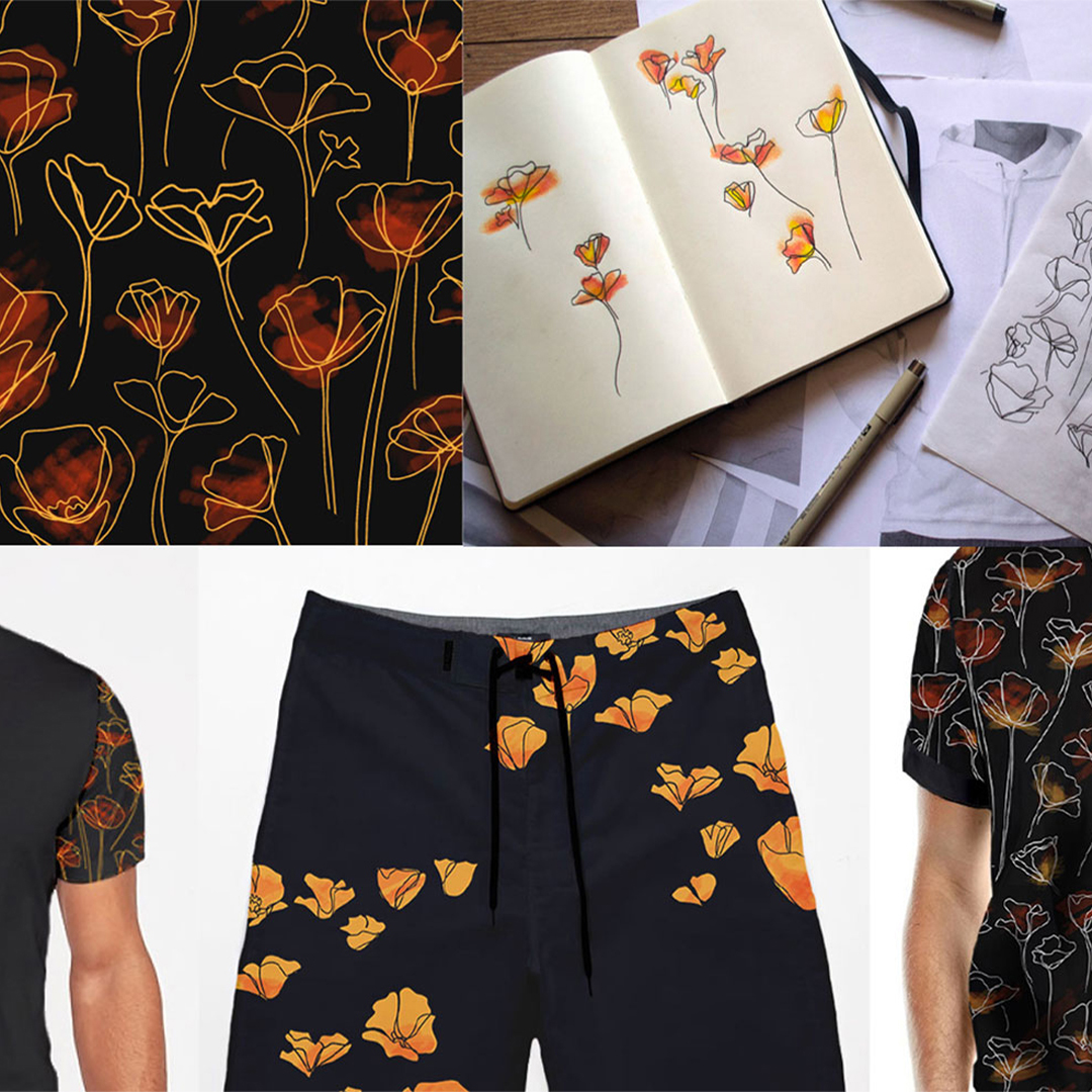 Four panels of photos of an orange poppy flower design made into a print for a shirt.