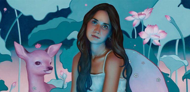 A painting of a girl with a pink deer.