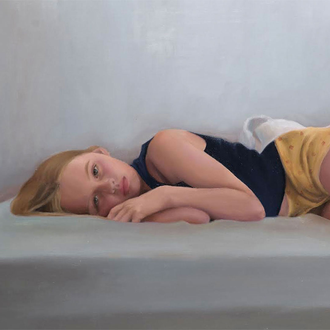 A painting of a blonde person lying in bed.