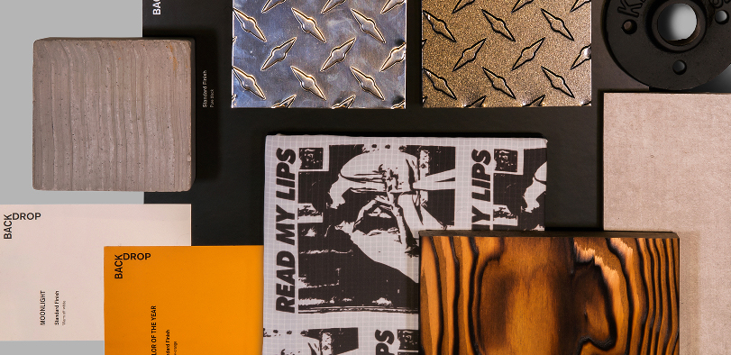 A photo of a cmf bord with colors and patterns.