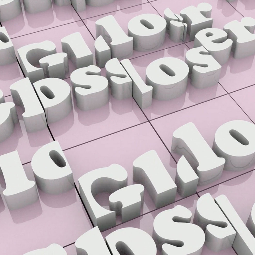 A graphic of a pink background with jumbled up white 3D letters.