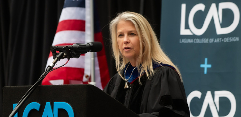 A photo of Dr. Dava Newman speaking at commencement.
