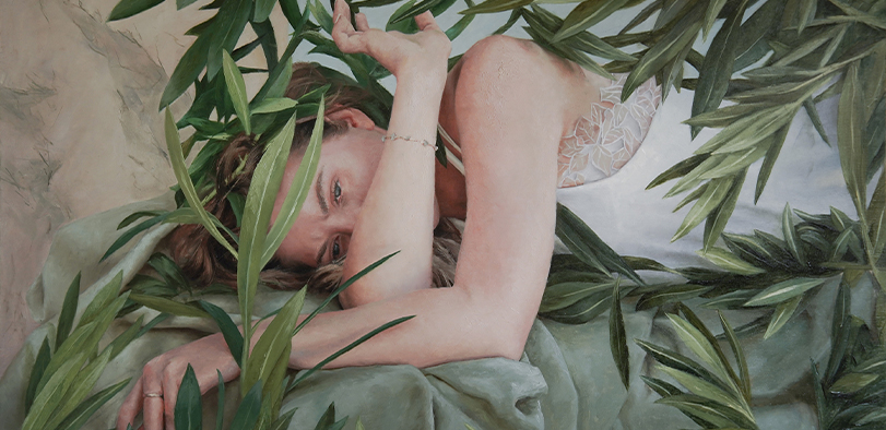 A painting of a person lying in leaves.