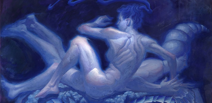 A blue filter painting of a nude woman's full body profile. She is lying on a flower.