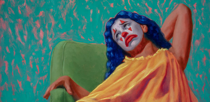A painting of a clown with blue hair and a red nose sitting in a chair.