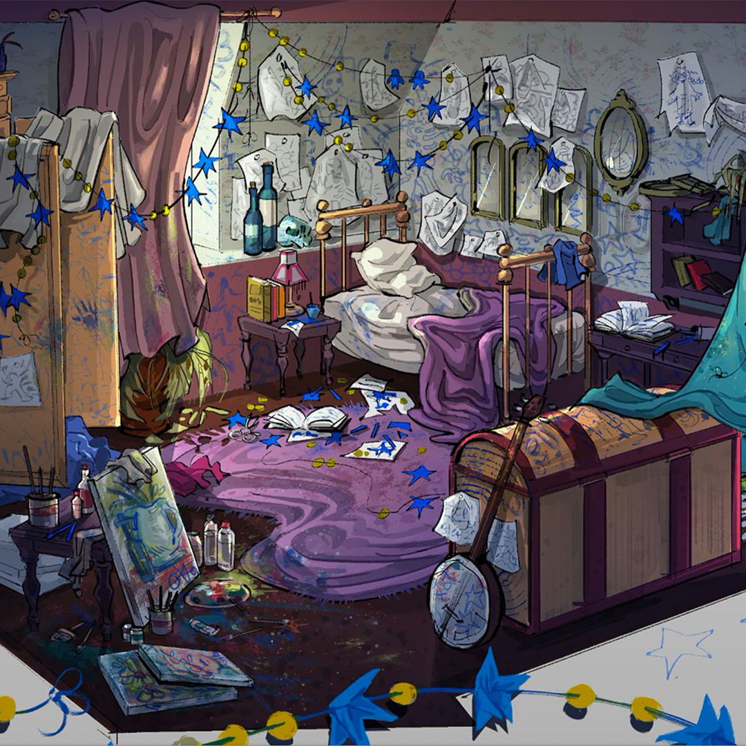 A digtial painting of a messy bedroom.