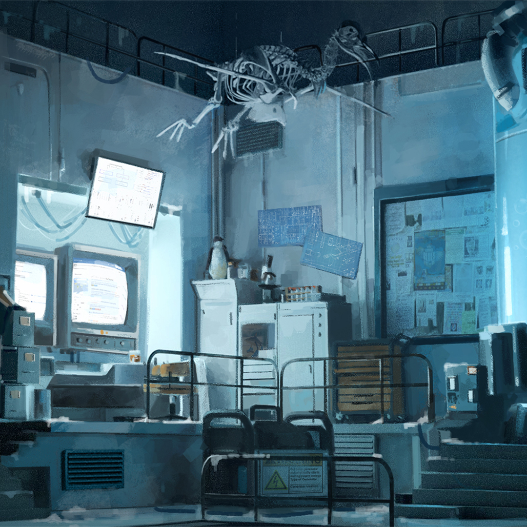 A digital painting of a blue-toned laboratory environment.