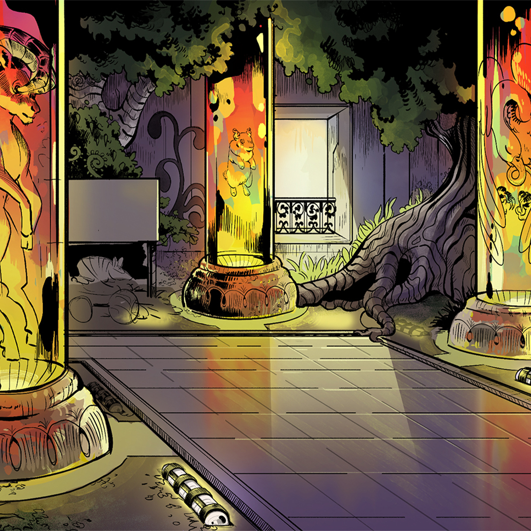 A digital painting of a courtyard with pillars that have animal images on them.