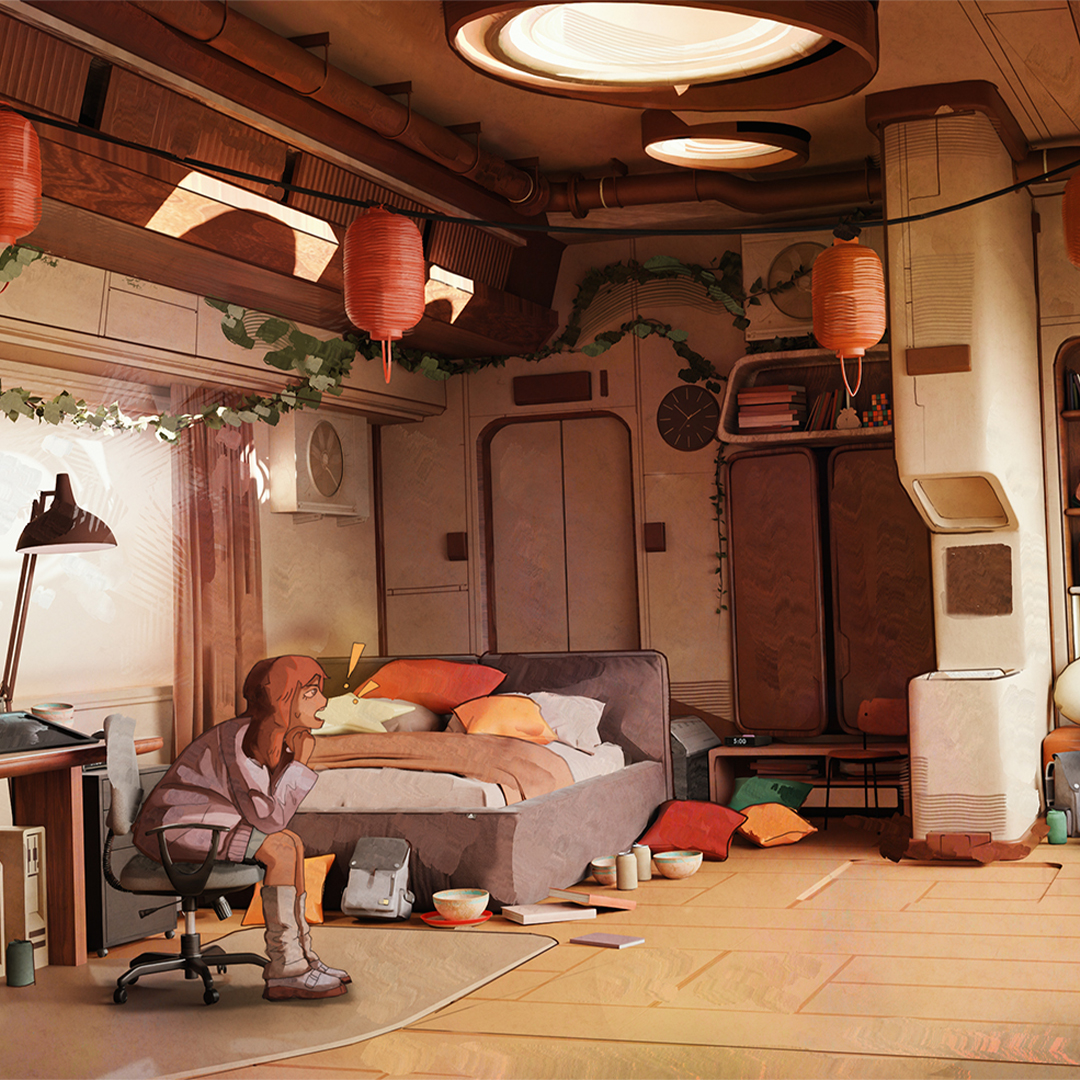 A digital paiting of people sitting in a cozy sci-fi room.