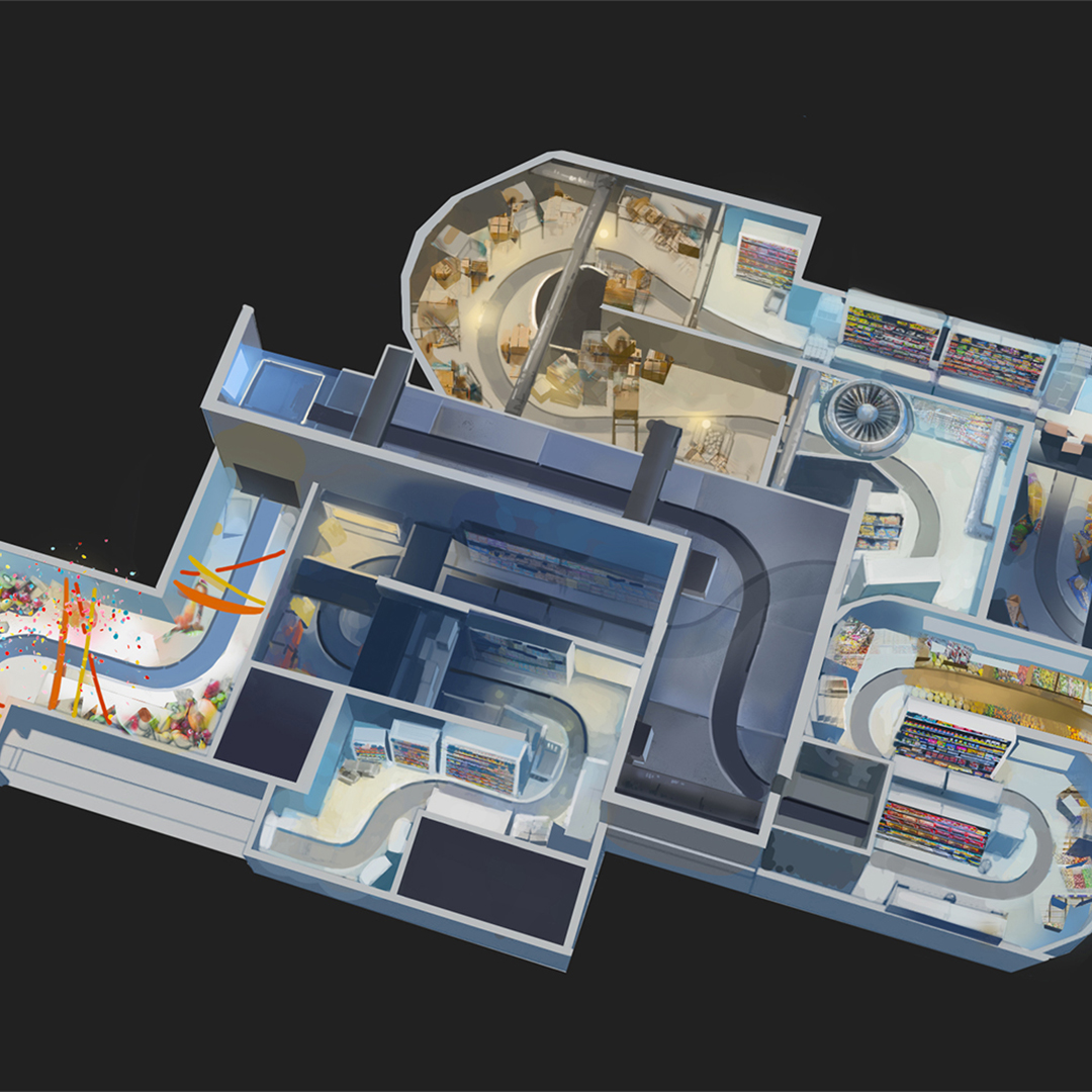 A digital painting of the arial view of a ride design.
