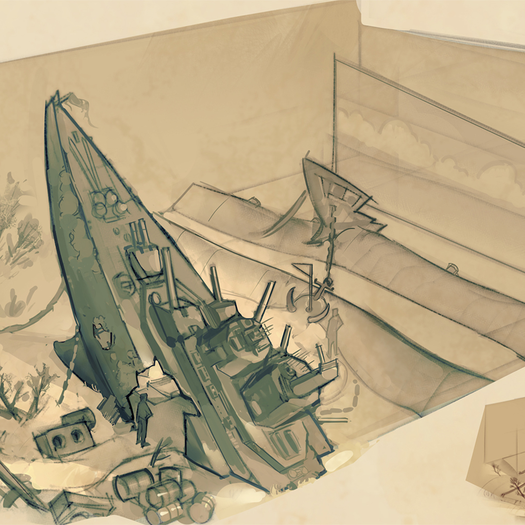 A digital painting of a shipwreck minigolf course.