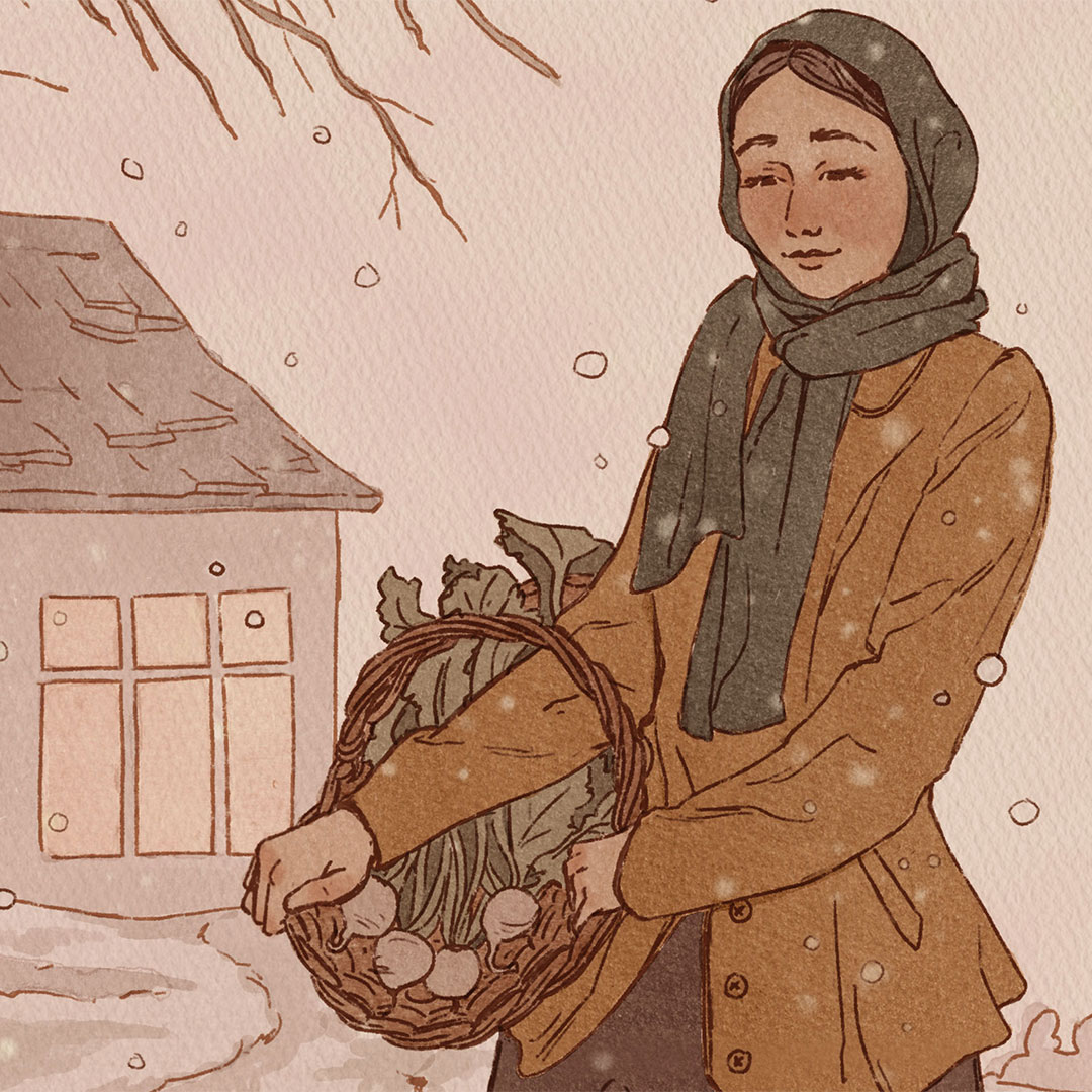 An illustration of a woman holding a basket of vegetables.
