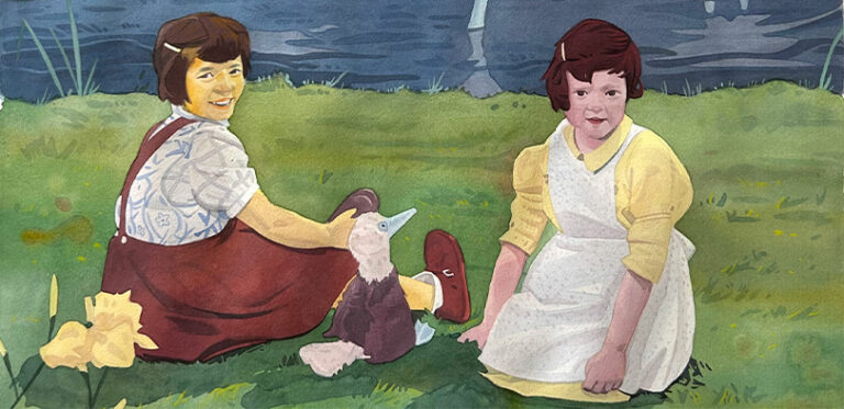 A painting of two little girls sitting in the grass.