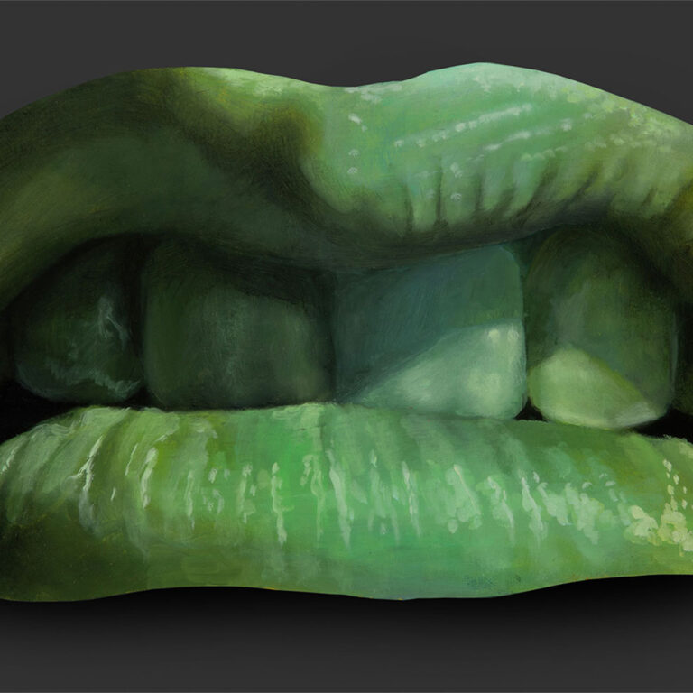 A painting of green lips sneering.