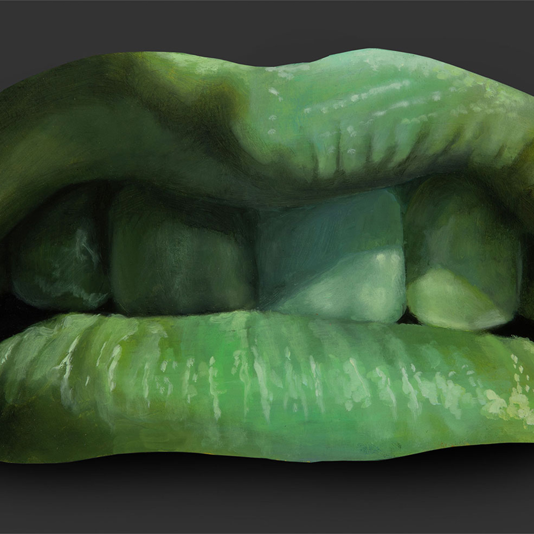 A painting of green lips sneering.