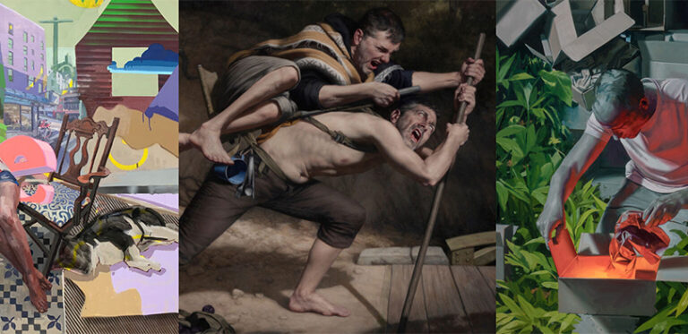 A collage of three paintings from the Alternate Histories Exhibition.