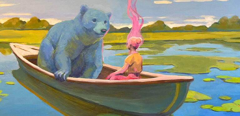 A paiting of a person and a blue bear in a boat on a lake.