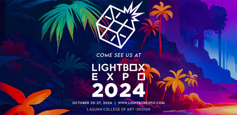 A colorfull graphic with tropical plant illustrations.