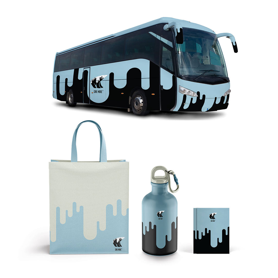 A photo of a light blue drip design and a white polar bear with white blue drip on a bus stop poster, a bus, a tote, a water bottle, and a book.
