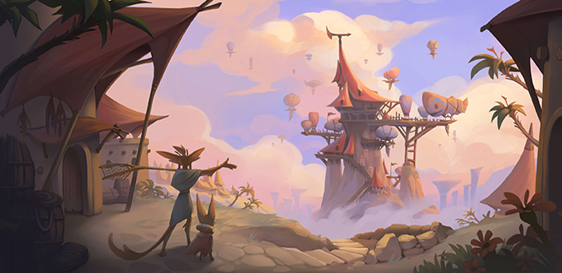 A digital painting of an environment in the clouds.