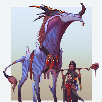 A digital painting of a purple creature and a woman.