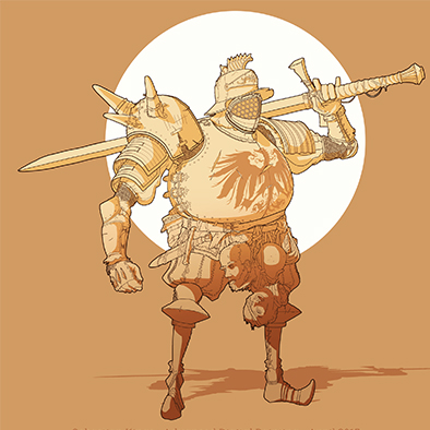 A character sheet with a large knight in armor.