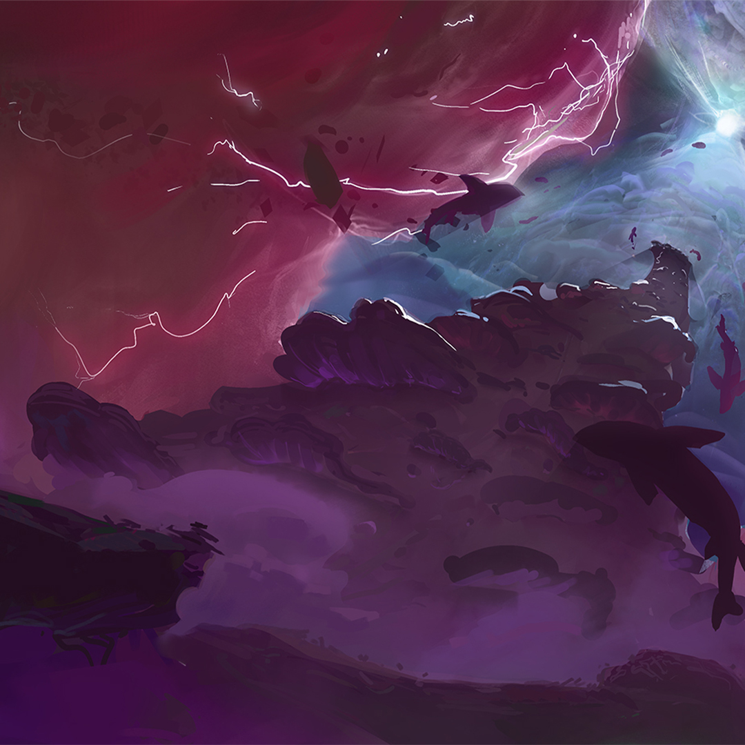 A digital painting of a lit up sky with sea creatures in it.