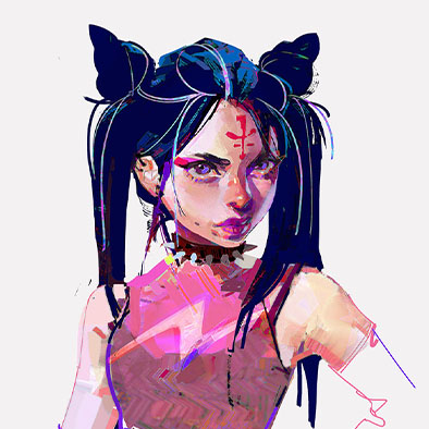 A digital painting of a person with long black hair.