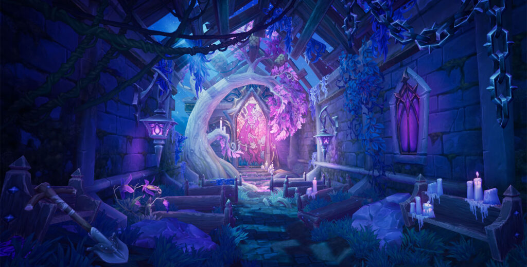 A digital painting of the inside of a purple and blue temple.