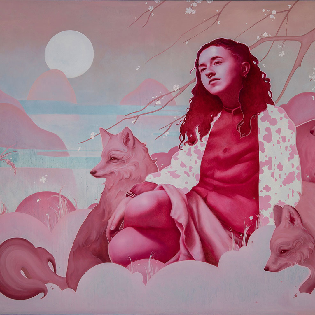 A pink-toned painting of a girl sitting with wolves.